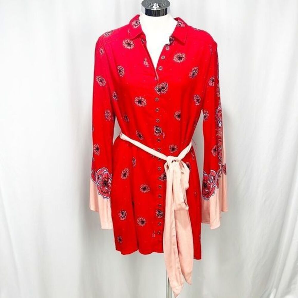 FREE People Red & Pink Button Down Belted Dress Asian Inspired Kimono Sleeves S